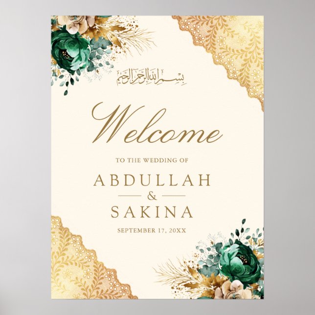 Emerald Floral Gold Muslim Wedding Welcome Poster (Front)