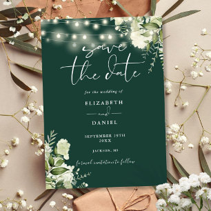 Emerald Floral Greenery String Lights Wedding Save The Date