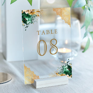 Emerald Floral Lace Wedding Acrylic Table Number