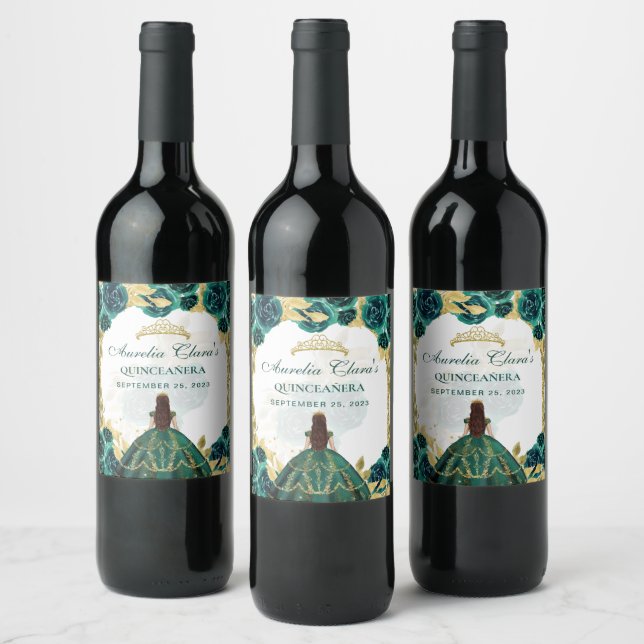 Emerald  Floral Princess Gold Arch Quinceanera Wine Label (Bottles)