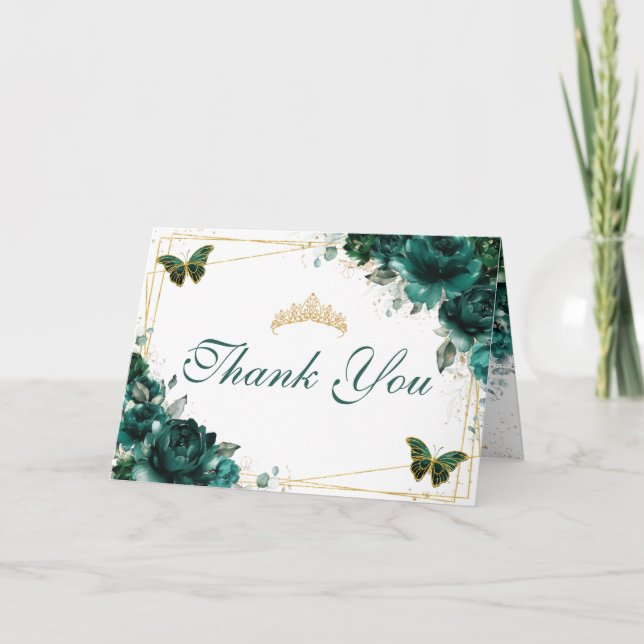 Emerald Floral Quinceañera Birthday Butterflies Thank You Card (Front)