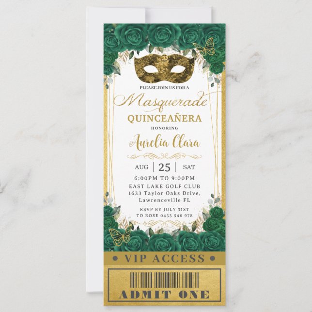 Emerald Floral Quinceañera Masquerade VIP Ticket Invitation (Front)