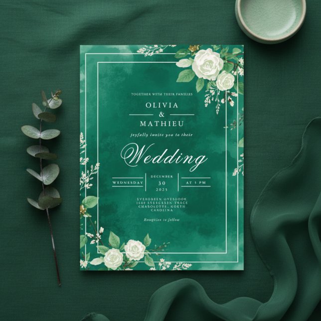 Emerald Floral Watercolor Wedding Invitation (Creator Uploaded)