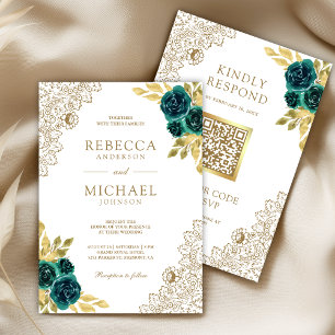 Emerald Floral White Gold Lace QR Code Wedding Invitation