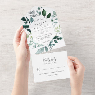Emerald Foliage Greenery Leaves Wedding All In One Invitation