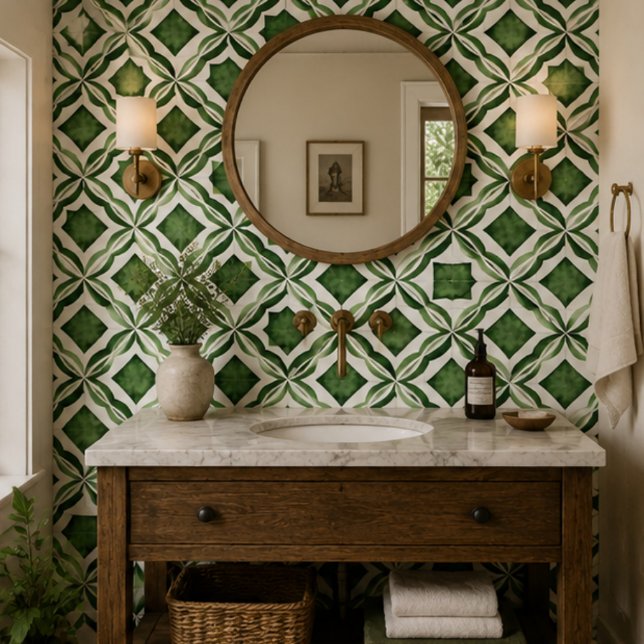 Emerald Garden Watercolor Green Geometric Mosaic  Tile (Creator Uploaded)