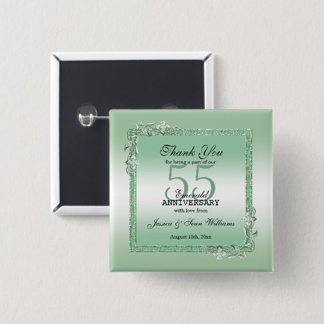 Emerald Gem & Glitter 55th Wedding Anniversary   2 Inch Square Button (Front & Back)