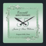 Emerald Gem & Glitter 55th Wedding Anniversary  Square Wall Clock<br><div class="desc">Glamourous and elegant posh 55th Emerald Wedding Anniversary wall clock with stylish emerald green gem stone jewels corner antique decorations and matching coloured glitter border frame. A romantic design for your celebration. All text, font and font colour is fully customizable to meet your requirements. If you would like help to...</div>