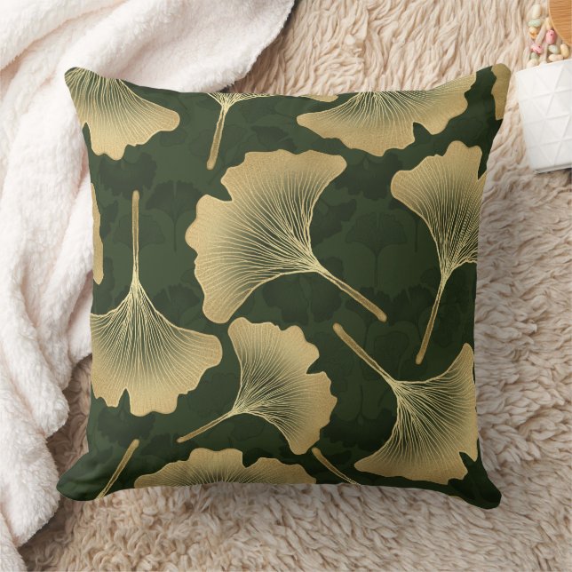 Emerald Ginkgo Elegance – Luxury Gold Botanical 15 Throw Pillow (Blanket)