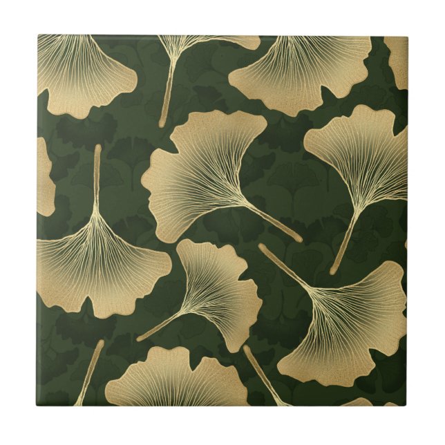 Emerald Ginkgo Elegance – Luxury Gold Botanical 15 Tile (Front)