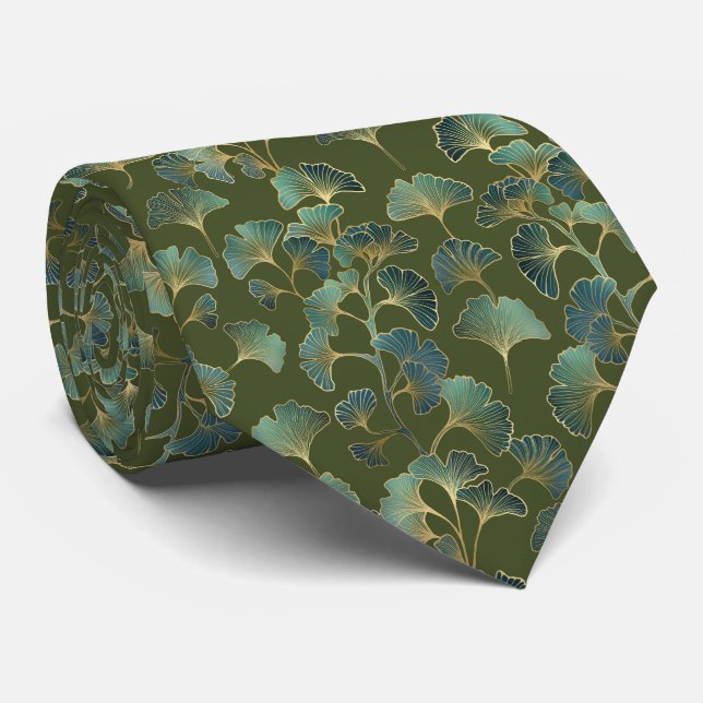 Emerald Ginkgo Elegance – Luxury Gold Botanical 1 Tie (Rolled)