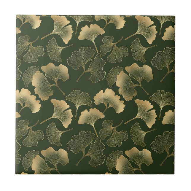 Emerald Ginkgo Elegance – Luxury Gold Botanical 6 Tile (Front)