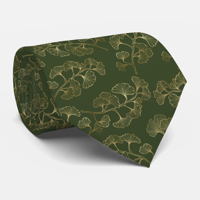 Emerald Ginkgo Elegance – Luxury Gold Botanical 7 Tie (Rolled)