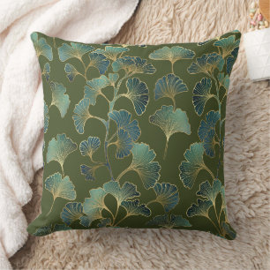 Emerald Ginkgo Elegance – Luxury Gold Botanical Throw Pillow