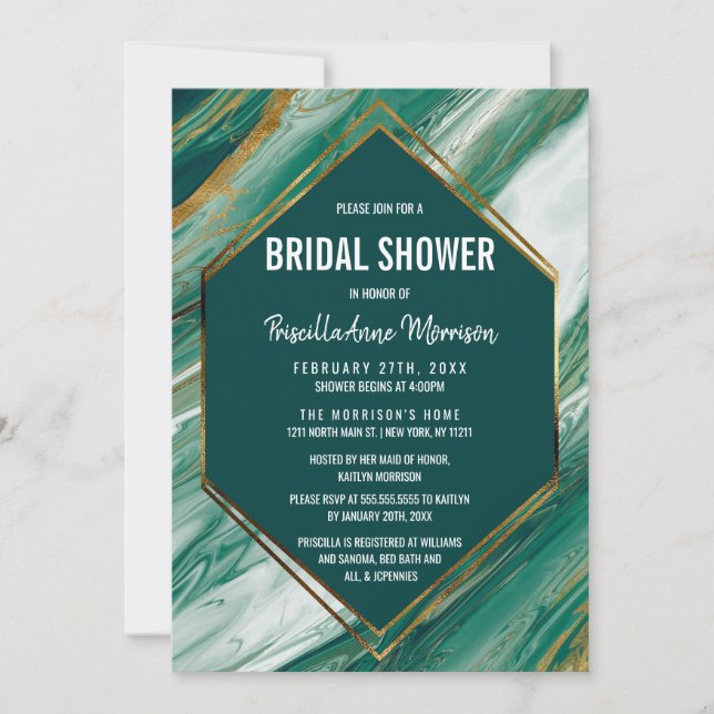 Emerald Gold Abstract Agate Marble Bridal Shower Invitation (Front)