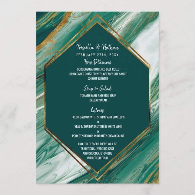 Emerald Gold Abstrait Agate Marbre Mariage Menu (Devant)