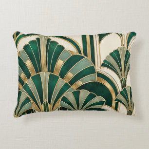 Emerald Gold Art Deco Fans Accent Pillow