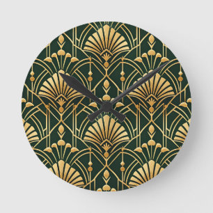 Emerald Gold Art Deco Pattern Round Clock