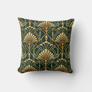 Emerald Gold Art Deco Pattern Throw Pillow