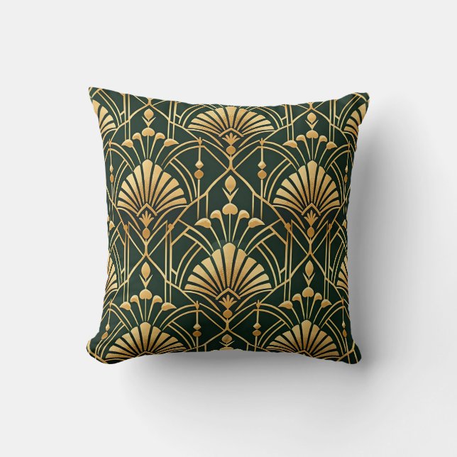Emerald Gold Art Deco Pattern Throw Pillow (Front)
