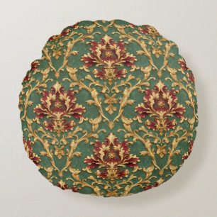 Emerald Gold Baroque Damask Round Pillow