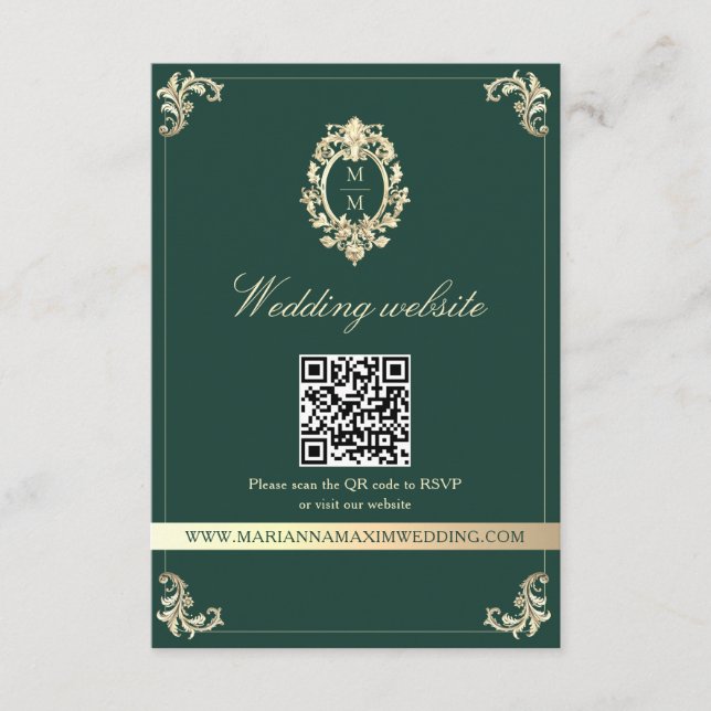 Emerald Gold Baroque Wedding Website QR Card (Front)