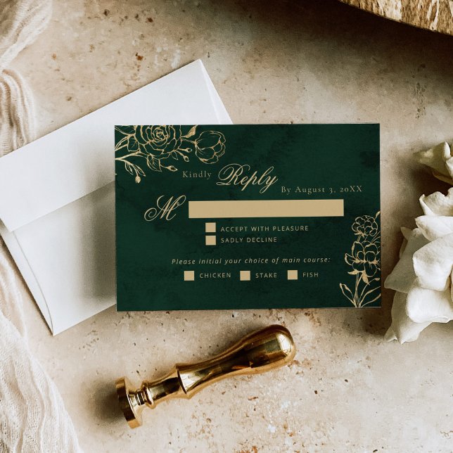 Emerald Gold Botanical wedding meal choice RSVP Card (Creator Uploaded)