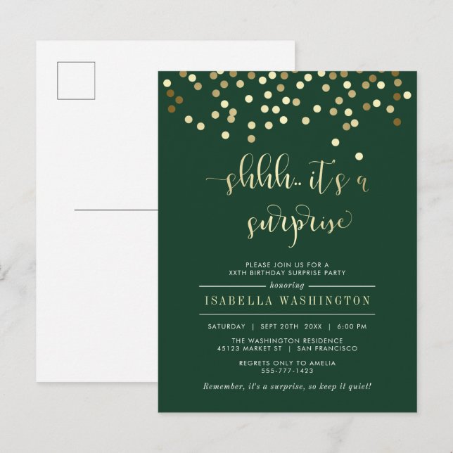 Emerald & Gold Confetti Surprise Birthday Party Invitation Postcard (Front/Back)