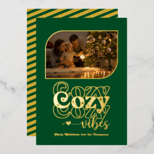 Emerald & Gold Cozy Vibes Retro Christmas Photo Foil Holiday Card