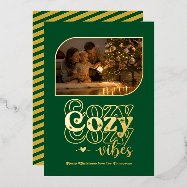 Emerald & Gold Cozy Vibes Retro Christmas Photo Foil Holiday Card (Front/Back)