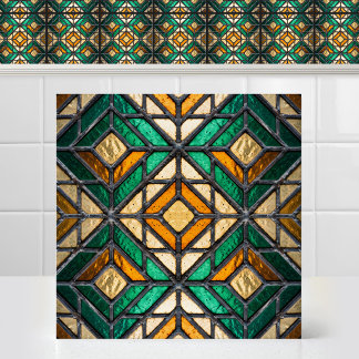 Emerald Gold Diamond Cathedral Stained Glass Motif Tile