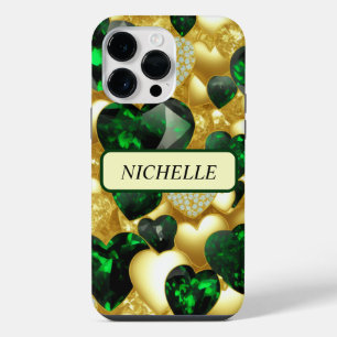 Emerald, Gold & Diamond Hearts iPhone 14 Pro Max Case