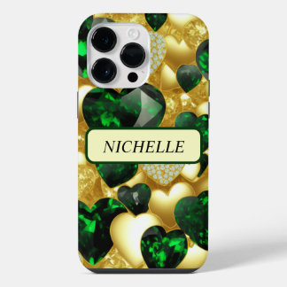 Emerald, Gold & Diamond Hearts iPhone 14 Pro Max Case