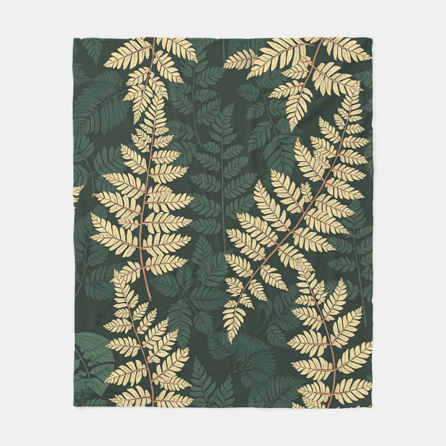 Emerald Gold Fern Forest Pattern Fleece Blanket (Front)