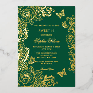 Emerald Gold Floral Butterfly Sweet 16