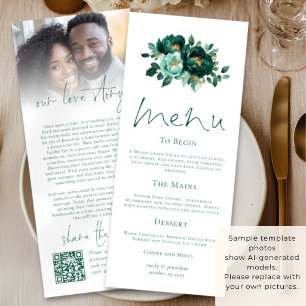 Emerald Gold Florals Love Story Wedding Menu Card