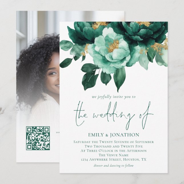 Emerald Gold Florals Photo QR Code Wedding Invitation (Front/Back)