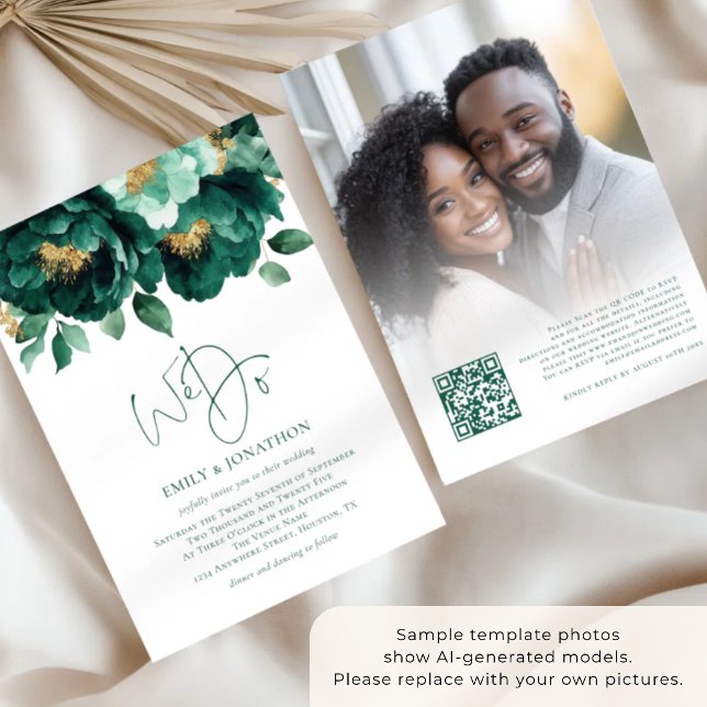 Emerald Gold Flowers Photo QR Code Wedding Invitation (Creator Uploaded)