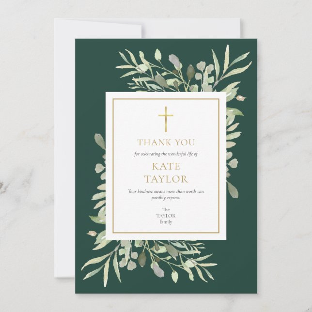 Emerald Gold Greenery Funeral Memorial Thank You Card (Front)