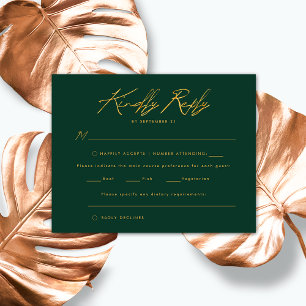 Emerald Gold Handwritten Script Elegant Wedding RSVP Card