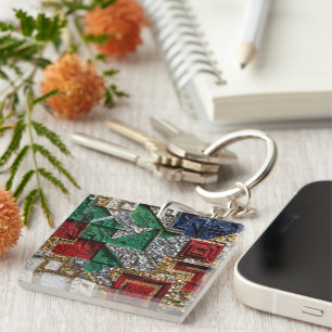 Emerald Gold Ivory Red Blue Giant Square Mosaic Keychain