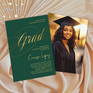 Emerald Gold Minimal Scripted Grad Ceremony Photo Invitation
