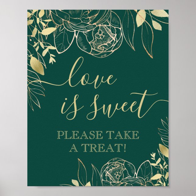 Emerald & Gold Modern Floral Sweet Favor Table Poster (Front)