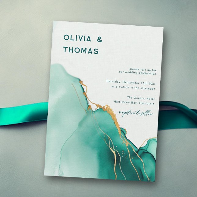 Emerald Gold Modern Romantic Boho Beach Wedding Invitation (emerald green gold modern wedding invitation romantic beach waves elegant bohemian chic luxury boho)