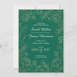 Emerald Gold Peony Border Wedding Invitation