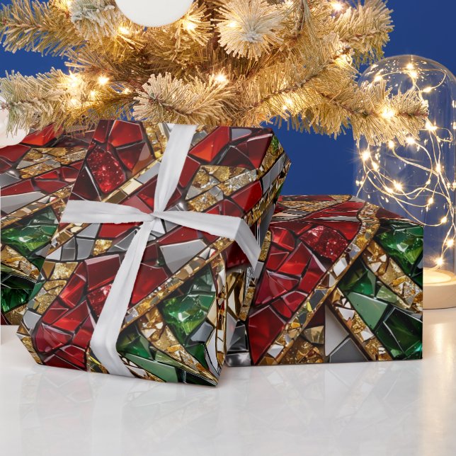 Emerald Gold Red Diamond Christmas Mosaic Wrapping Paper (Holidays)