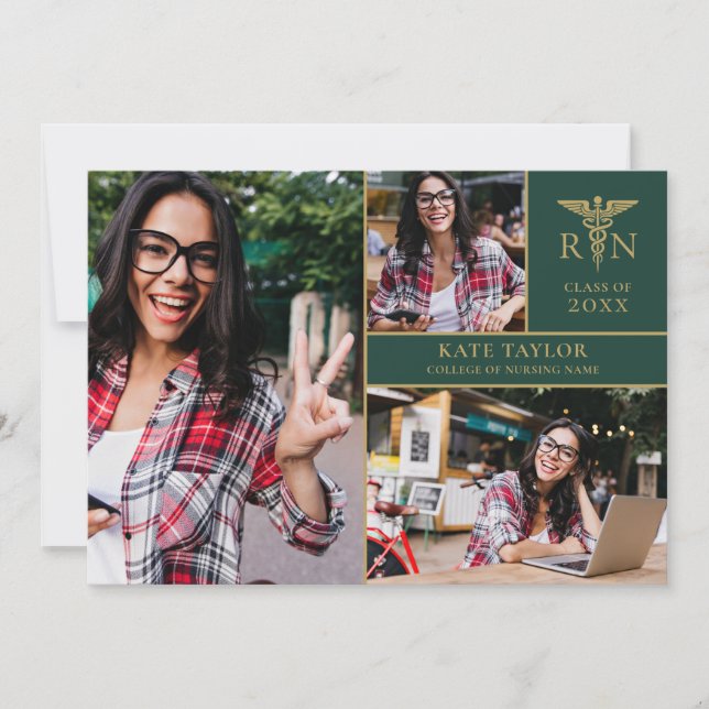 Emerald Gold RN Nursing 3 Photo Graduation Party Invitation (Front)