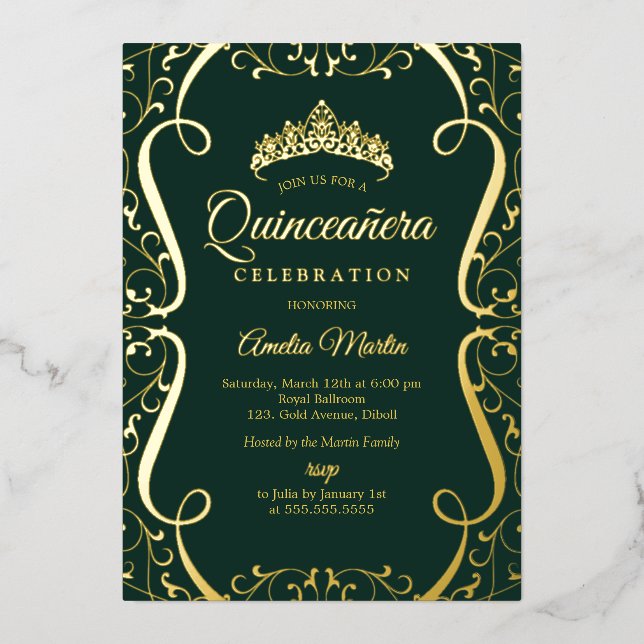 Emerald Gold Swirl Elegant Quinceanera  (Front)