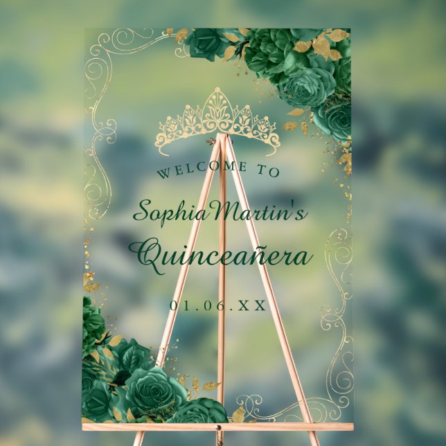 Emerald Gold Swirl Floral Quinceanera Acrylic Sign (Neutral)
