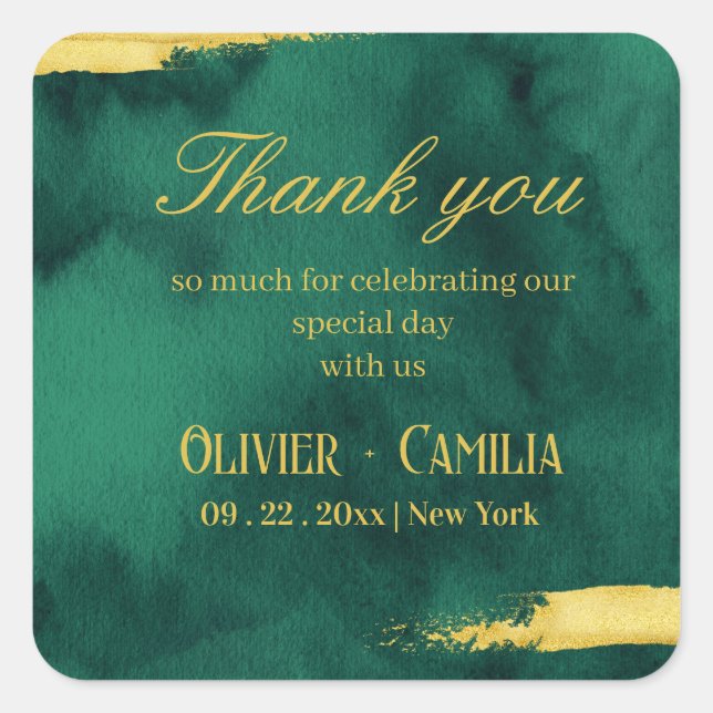 Emerald Gold Thank you Sticker for Wedding  (Front)